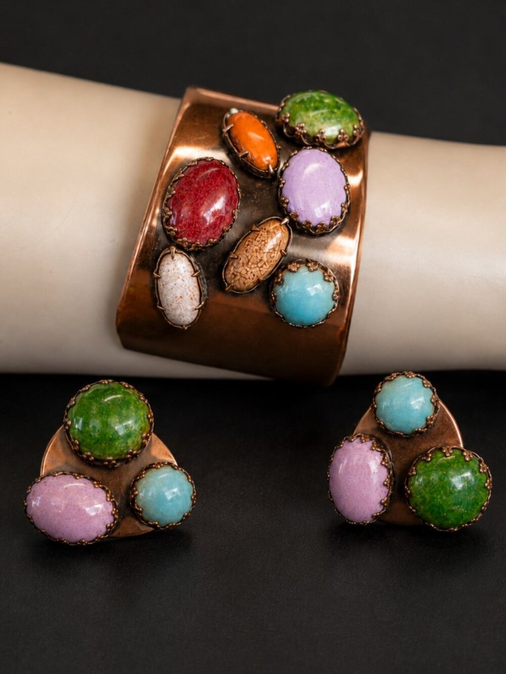 Matisse “Scarab” Copper 1950s Cuff Bracelet & Clip-On Earrings Set